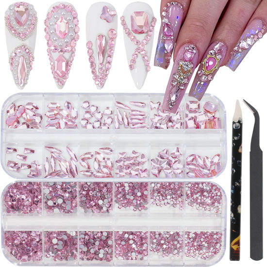 Picture of HNUIX Nail Rhinestones - 2920pcs 3D Multi Shape Size Crystal, Light Pink Nail Gems, Flat Back, with Kit, for Nail Art, DIY Decorations