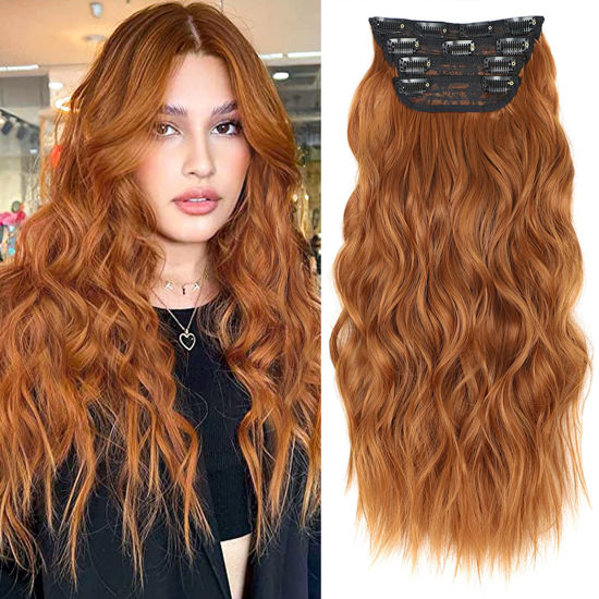 Picture of ALXNAN Clip in Hair Extension,Long Wavy Hair Extensions 20 Inch Orange Red 4PCS Thick Hairpieces for Women