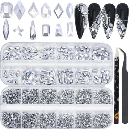 Picture of HNUIX Nail Rhinestones - 2920pcs 3D Multi Shape Size, Silver Nail Gems, Flat Back, with Kit, for Nail Art, DIY Decorations