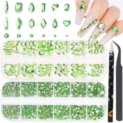 Picture of HNUIX Nail Rhinestones - 2920pcs 3D Multi Shape Size, Light Green Nail Gems, Flat Back, with Kit, for Nail Art, DIY Decorations