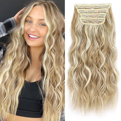 Picture of ALXNAN Clip in Long Wavy Synthetic Hair Extension 24 Inch Beach Blonde 4PCS Thick Hairpieces Fiber Double Weft Hair for Women