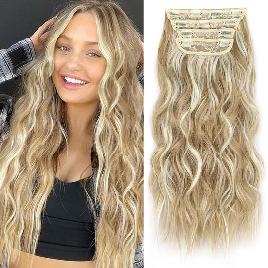 Picture of ALXNAN Clip in Long Wavy Synthetic Hair Extension 24 Inch Beach Blonde 4PCS Thick Hairpieces Fiber Double Weft Hair for Women