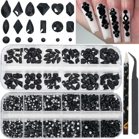 Picture of HNUIX Nail Rhinestones - 2920pcs 3D Multi Shape Size, Black Nail Gems, Flat Back, with Kit, for Nail Art, DIY Decorations