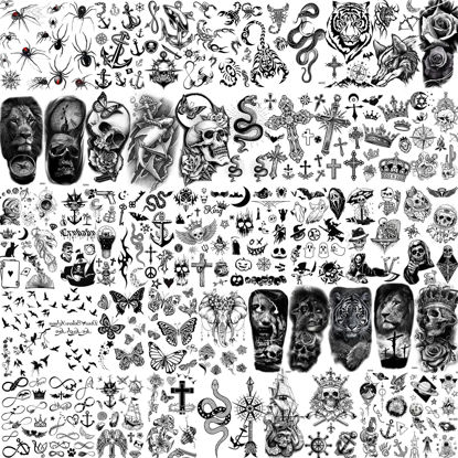 Picture of Bilizar 48 Sheets 3D Small Temporary Tattoos For Kids Women Neck Girls Arm Boys, Temp Tiny Halloween Tattoo Stickers Men Spider Cross Scorpion Snake Tiger Lion, Flower Ghost Skull Fake Tatoos Acnhor