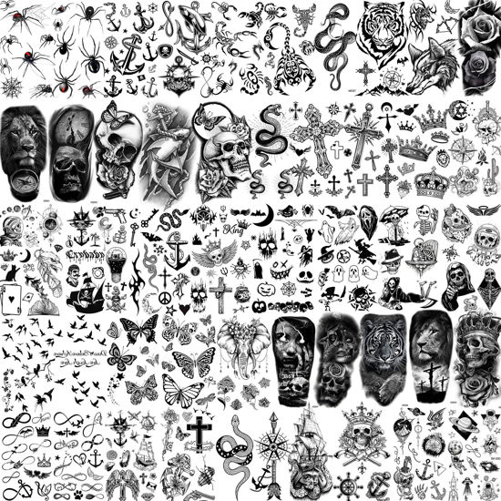 Picture of Bilizar 48 Sheets 3D Small Temporary Tattoos For Kids Women Neck Girls Arm Boys, Temp Tiny Halloween Tattoo Stickers Men Spider Cross Scorpion Snake Tiger Lion, Flower Ghost Skull Fake Tatoos Acnhor
