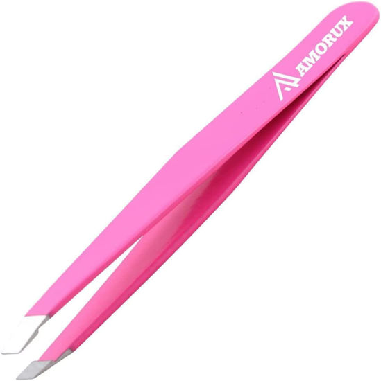 Picture of Amorux Eyebrow Tweezers For Women Facial Hair Professional hair removal Stainless Steel Tweezers for Ingrown Facial Hair, Splinter, and Daily Beauty (Black) (Pink)