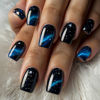 Picture of Press on Nails Short Square Fake Nails Star Acrylic Nails Black Artificial Nails Blue Line Stripes Glue on Nails Glossy False Nails for Women Manicure Art 24Pcs