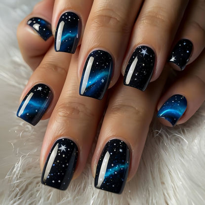 Picture of Press on Nails Short Square Fake Nails Star Acrylic Nails Black Artificial Nails Blue Line Stripes Glue on Nails Glossy False Nails for Women Manicure Art 24Pcs