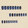 Picture of Press on Nails Short Square Fake Nails Star Acrylic Nails Black Artificial Nails Blue Line Stripes Glue on Nails Glossy False Nails for Women Manicure Art 24Pcs