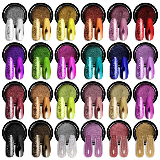 Picture of 24Pcs Saviland Chrome Nail Powder Set - Metallic Mirror Effect Holographic Nail Powder Silver Red Green Gold Nail Chrome Powder for Nails Art Decoration