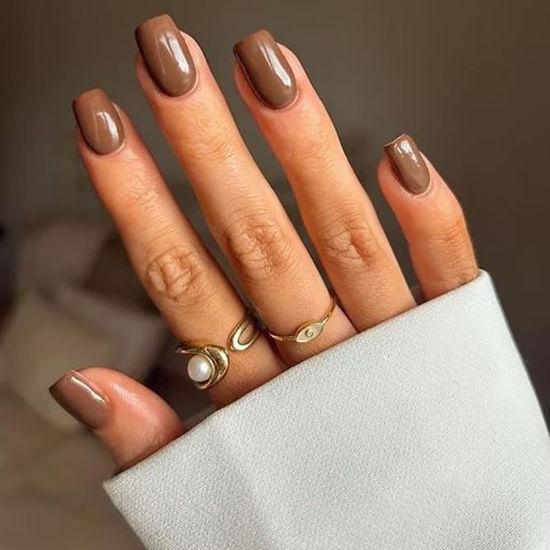 Picture of 24PCs Press On Nails, Short Square Medium Shape, Solid Dark Color Fake Nails, Stick on Nails Glue on Nails Short Coffin False Nails (Coffee)