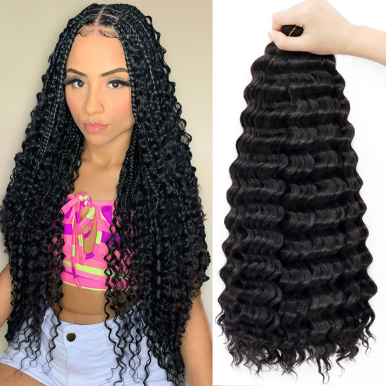 Picture of Eerya Ocean Wave Crochet Hair 18 Inch 6 Packs Deep Wave Crochet Hair for Black Women Synthetic Wavy Curly Braiding Hair for Boho Braids (18 inch,1B)
