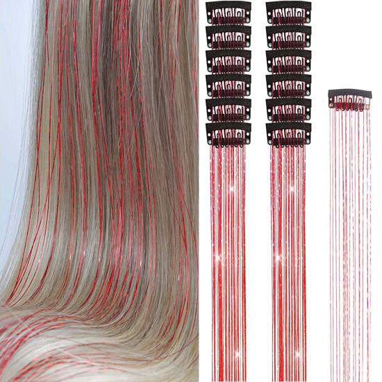 Picture of Hair Tinsel Clip in Tinsel Hair Extensions Red Fairy Glitter Hair Tinsel Kit for Women Heat Resistant 20In 12Pcs Festival Hair Accessories for Party, Christmas, New Year, Halloween, Cosplay