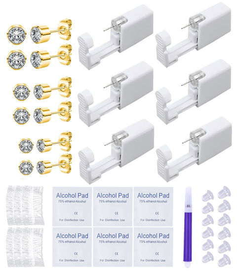 Picture of VitaCool Ear Piercing Kit Disposable Ear Cartilage Piercing Gun Kit with Sterile Multi-sized CZ Studs Easy and Safe Earring Self Piercing Kit for Yourself Use at Home (Style C-CZ-2/3/4mm+)
