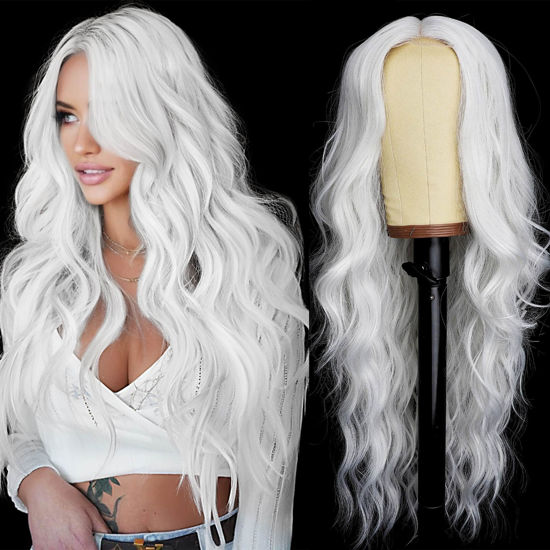 Picture of AISI HAIR White Wig for Women, Long White Wavy Lace Hairline Wig, 26 Inch Middle Part Synthetic Wig for Daily Party