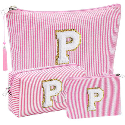 Picture of Initial Gifts Travel Cosmetic Makeup Pouch Bags Sets for Purse, Stoney Clover Dupes Pouch Makeup Bag, Personalized Cosmetic Bags Set for Women, Make up Bag for Teen Girls 13 14 15 16 17 (P, Pink)