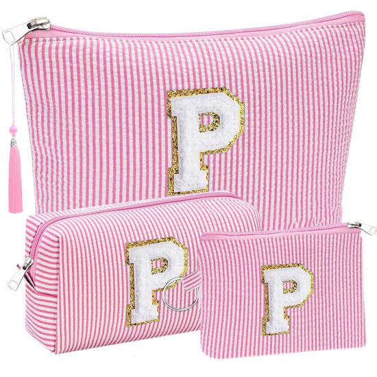 Picture of Initial Gifts Travel Cosmetic Makeup Pouch Bags Sets for Purse, Stoney Clover Dupes Pouch Makeup Bag, Personalized Cosmetic Bags Set for Women, Make up Bag for Teen Girls 13 14 15 16 17 (P, Pink)