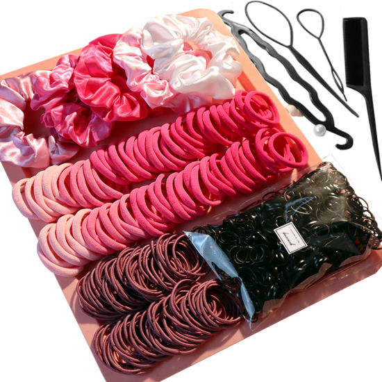 Picture of YANRONG Hair Accessories for Woman Set, 755PCS Seamless Ponytail Holders Variety Hair Scrunchies Hair Bands Scrunchy Hair Ties For Thick and Curly (Rose)