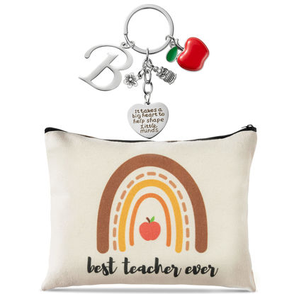 Picture of DGjianfei 2pcs Teacher Appreciation Gift Set Best Teacher Ever Makeup Pouch and Thank You Initial Letters Keychain Canvas Cosmetic Bag Zipper Pouch Thanksgiving Christmas Graduation Gift for Teacher