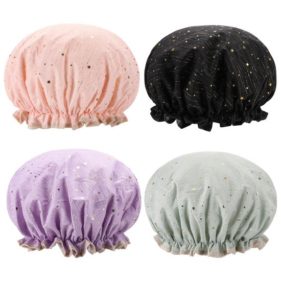 Picture of Tbestmax Shower Caps for Women and Girl Long Think Hair, Reusable Waterproof Bath Cap/Hat Double Waterproof Layers 4 Pcs