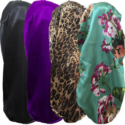 Picture of 4 Pcs Satin Bonnet for Women, Long Sleep Cap Soft Silky Bonnet for Braids