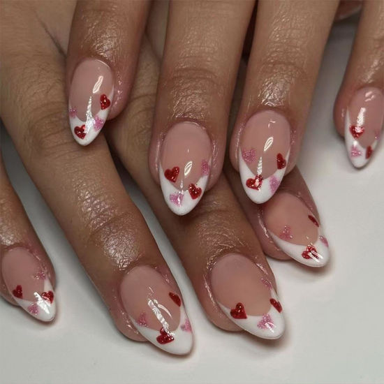 Picture of Valentines Press on Nails Medium Almond Fake Nails with Pink Red Heart Designs White French tips False Nails Glossy Heart Nails Reusable Valentines Day Nails for Women Girls Holiday Manicure 24pcs