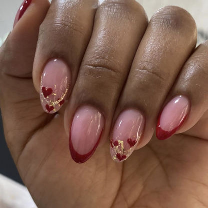 Picture of Valentine’s Day Press on Nails Medium Almond Fake Nails with Heart Design Red French tips Glue on Nails Gold Glitter Stick on Nails Glossy Reusable Valentines Nails for Women Girls Manicure 24pcs