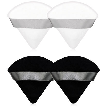 Picture of 4 Pieces Cosmetic Triangle Powder Puff,2.76 inch Portable Soft Sponge Setting Face Puffs,Velvet Powder Puff with Ribbon Band Handle for Loose Powder Body Powder Makeup Tool（Black,White）