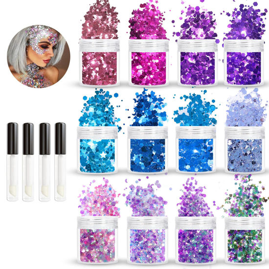 Picture of Allstarry Holographic Chunky Body Glitter 4 Colors Cosmetic Face Glitter Makeup Colorful Mermaid Sequins Hair Face Paint Sparkling Festival Outfits Rave Accessories for Women Makeup