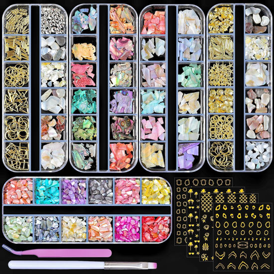 Picture of editTime 5 Boxes 3D Nail Art Crushed Sea Shell Irregular Iridescent Natural Abalone Seashell Slices Starfish Metal Sea Star Conch Moon Triangle Rivet Gems(sea shell kit)