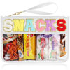 Picture of TESAFNG Snack Bag for Travel - Clear Chenille Varsity Letter Flat Pouch with Zipper, Waterproof Clear PVC&PU Preppy Patch Makeup Cosmetic tote Bags for Women Girls (White-Snacks)