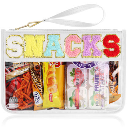 Picture of TESAFNG Snack Bag for Travel - Clear Chenille Varsity Letter Flat Pouch with Zipper, Waterproof Clear PVC&PU Preppy Patch Makeup Cosmetic tote Bags for Women Girls (White-Snacks)