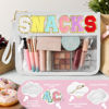 Picture of TESAFNG Snack Bag for Travel - Clear Chenille Varsity Letter Flat Pouch with Zipper, Waterproof Clear PVC&PU Preppy Patch Makeup Cosmetic tote Bags for Women Girls (White-Snacks)