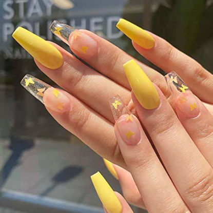 Picture of Vaveah 24 Pcs Press on Nails Coffin for Women, Extra Long Fake Nails Glue on Nails, False Nails with Glue (Yellow Clear Butterfly)