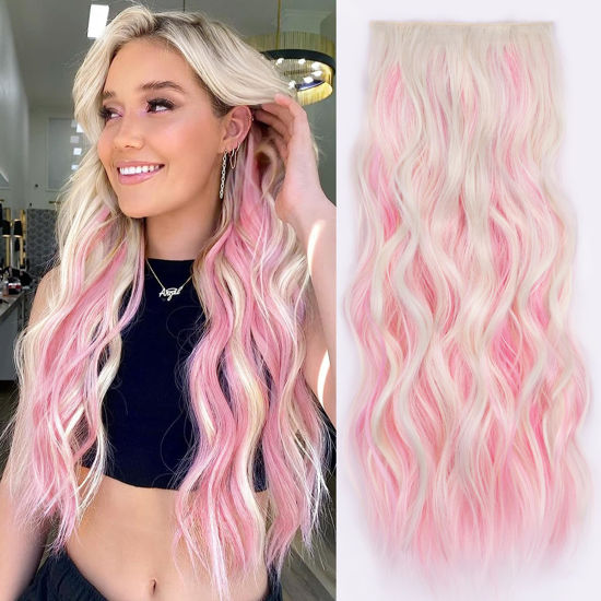 Picture of ALXNAN Clip in Long Wavy Hair Extension 20 Inch Blonde Pink Hair Extensions 4PCS Thick Hairpieces Fiber Double Weft Hair for Women