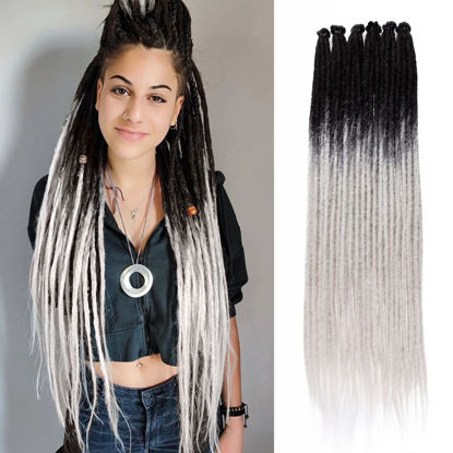 Picture of Leeven 0.6 cm Width Handmade Dreadlock Extensions 24 Inch Ombre Grey Single Ended Dreads 20 Strands Synthetic Crochet Hair Soft Loc Extensions for Women Men