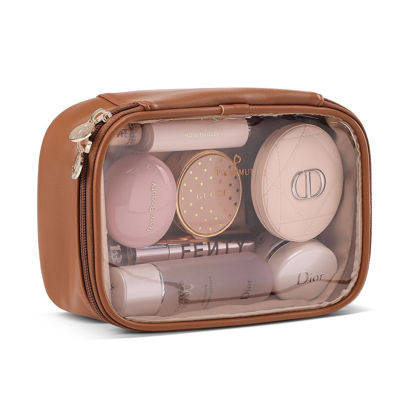 Picture of Pocmimut Makeup Bag,PU Leather Clear Makeup Bag Travel Makeup Bag Car Essentials for Women,Travel Essentials Cosmetic Bag Organizers(Brown)