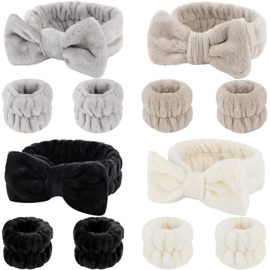 Picture of SLNZAPTY 12 PCS Face Wash Headband Wristband Set for Women, Microfiber Spa Hair Wraps for Girls, Makeup Skincare Headbands Wrist Bands for Washing Face（Black, Gray, Light coffee, Beige）