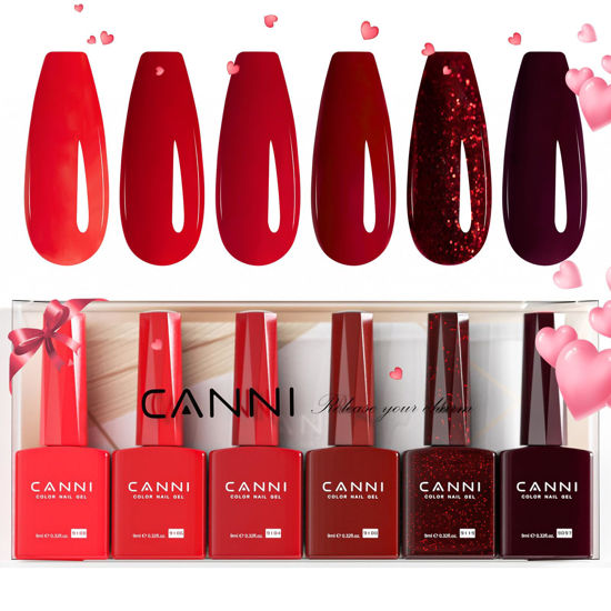 Picture of CANNI 6Pcs 9ml Hema-Free Red Gel Nail Polish Set- Dark Red Burgundy Glitter Gel Polish Kit DIY at Home Salon Christmas New Year's Gifts for Girls