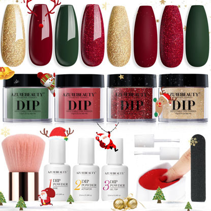 Picture of AZUREBEAUTY Christmas Dip Powder Nail Kit, 4 Colors Red Green Gold Glitter Dipping Powder System Liquid Set Recycling Tray, French Nail Art Base & Top Coat Activator DIY Salon.