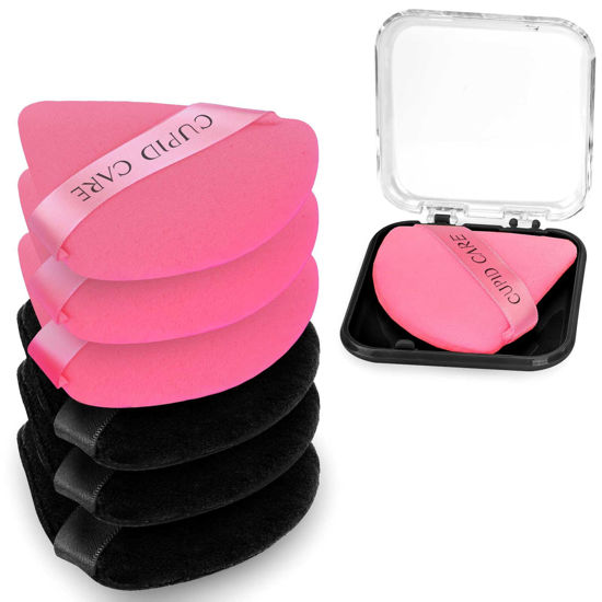Picture of CUPID CARE 6 Pcs Triangle Powder Puff with 2 Travel Cases, Setting Powder Puffs for Face Powder and Foundation, Velour Makeup Puff for Loose Powder Body Powder, Skin-Friendly, Beauty Makeup Tools