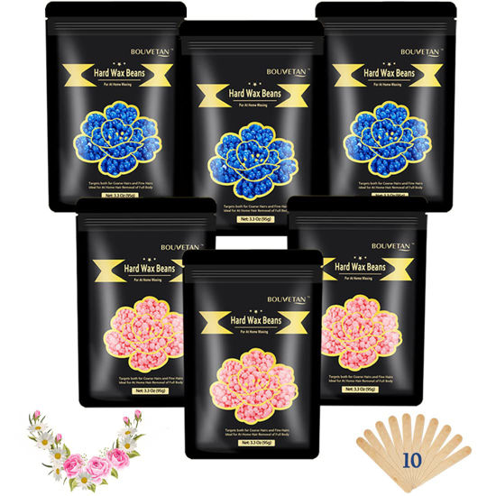 Picture of Bouvetan 1.3Lb/21oz Wax Beads for Brazilian, Eyebrow, Face, Bikini, Legs, Arms Waxing - 6 Packs with 10 Wax Spatulas for Women and Men