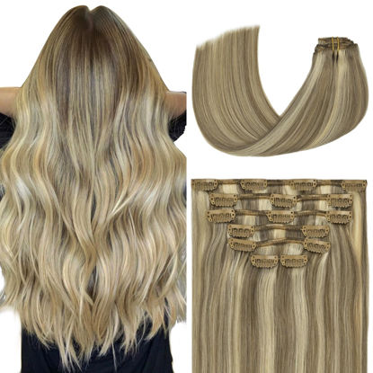 Picture of Clip in Hair Extensions Real Human Hair 70G Light Ash Blonde/Bleach Blonde 100% Remy Human Hair Clip in Extensions Soft Silky Straight 7pcs 16clips One Pack (22 Inch #18P613)