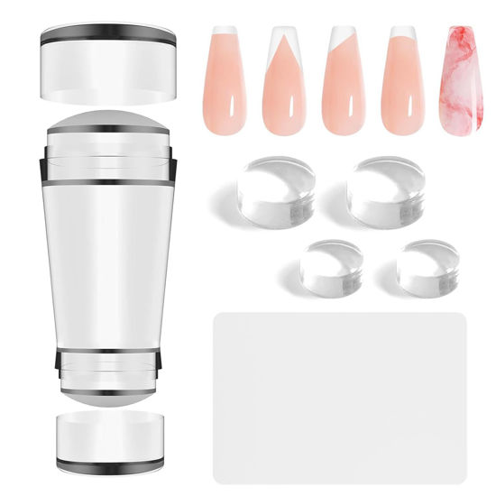Picture of BlueZOO French Tip Nail Stamp 6Pcs Nail Stamper Replaceable Silicone Jelly Heads Kit, French Manicure Nail Stamping Polish Transfer Templates Tool Home Salon Nail Art DIY Design, Easy to Use
