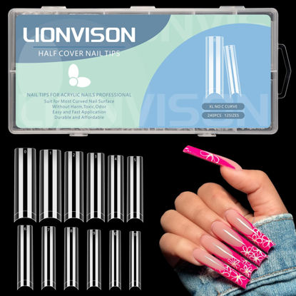 Picture of LIONVISON No C Curve Square Nail Tips for Acrylic Nails Professional, XXL 12 Sizes Tapered Square Nail Tips French Half Cover Extra Long Clear Straight Nail Tips 240PCS for Nails Art with Box