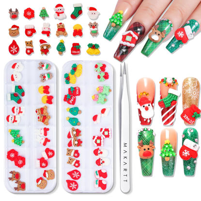 Picture of Makartt Christmas Decorations Gift Set: 48PCS 3D Nail Charms with Cartoon Santa, Elk, Tree, Bells for Women, Includes Art Tweezer, Acrylic Accessories for Nails Techs and DIY