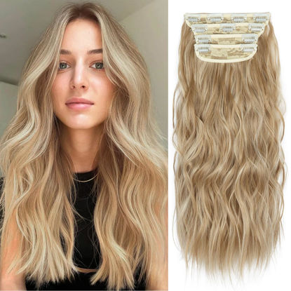 Picture of Blonde Hair Extensions Clip ins, 4Pcs Curly Clip in Hair Extensions, 20 Inches Synthetic Hair Extensions Clip in Human Hair (Color:Ombre Ash Brown to Bleach Blonde)