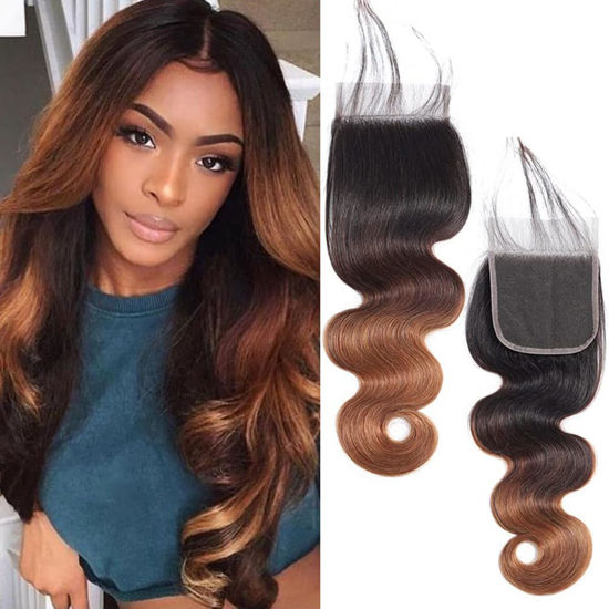 Picture of QTHAIR 14A 1B/4/30 Ombre Closure Body Wave 4x4 Transparent Color Swiss Lace Closure Brazilian Unprocessed Virgin Human Hair Dark Roots 3 Tone 1B/4/30 Body Wave Closure(10in)