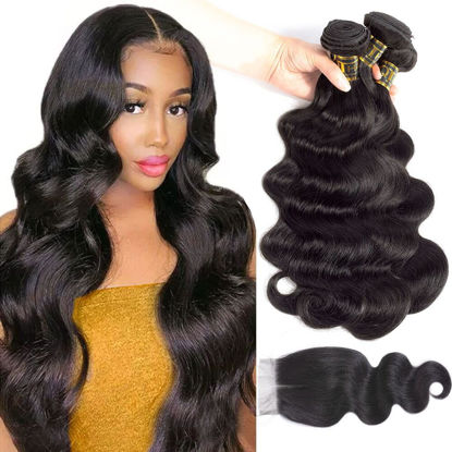 Picture of QTHAIR 16A Grade Brazilian Body Wave Human Hair Bundles with HD Lace Closure (12" 14" +10", Middle Part Closure) Body Wave Virgin Hair Bundles with Closure Bundles Human Hair with Closure