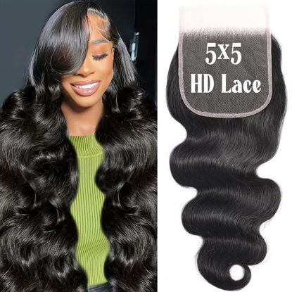 Picture of QT Hair 5x5 Lace Closure 20inch Human Hair Body Wave 5x5 Transparent Lace Closure Can Make Wig for Women Pre Plucked with Baby Hair Lace Closure Soft and Smooth Natural Black Color